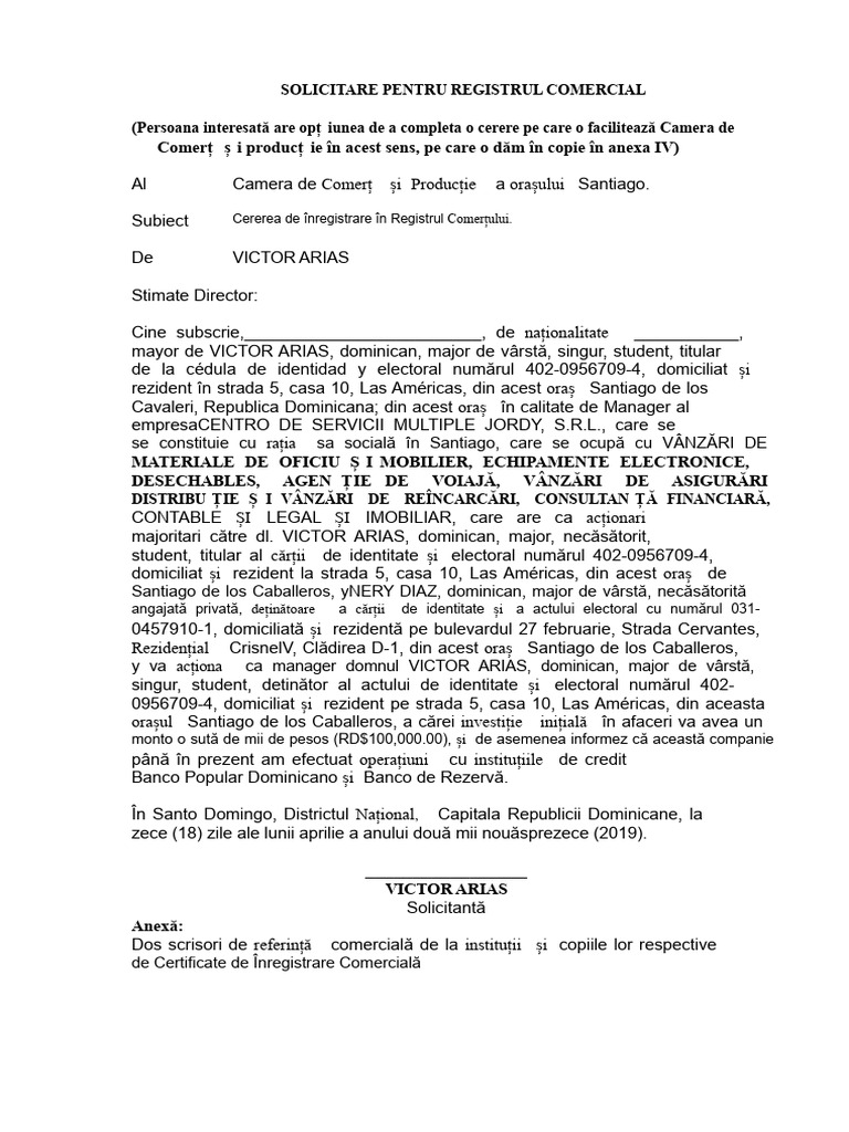 Cerere de Înregistrare Comercială | PDF