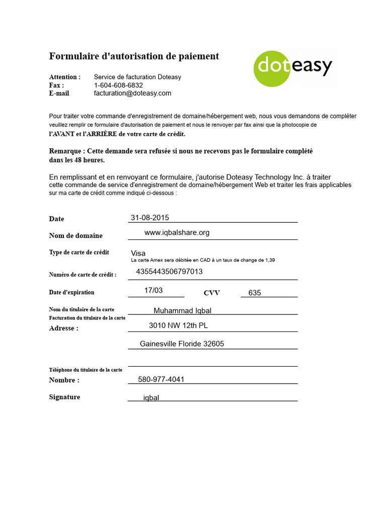 Formulaire d'autorisation de paiement Doteasy | PDF