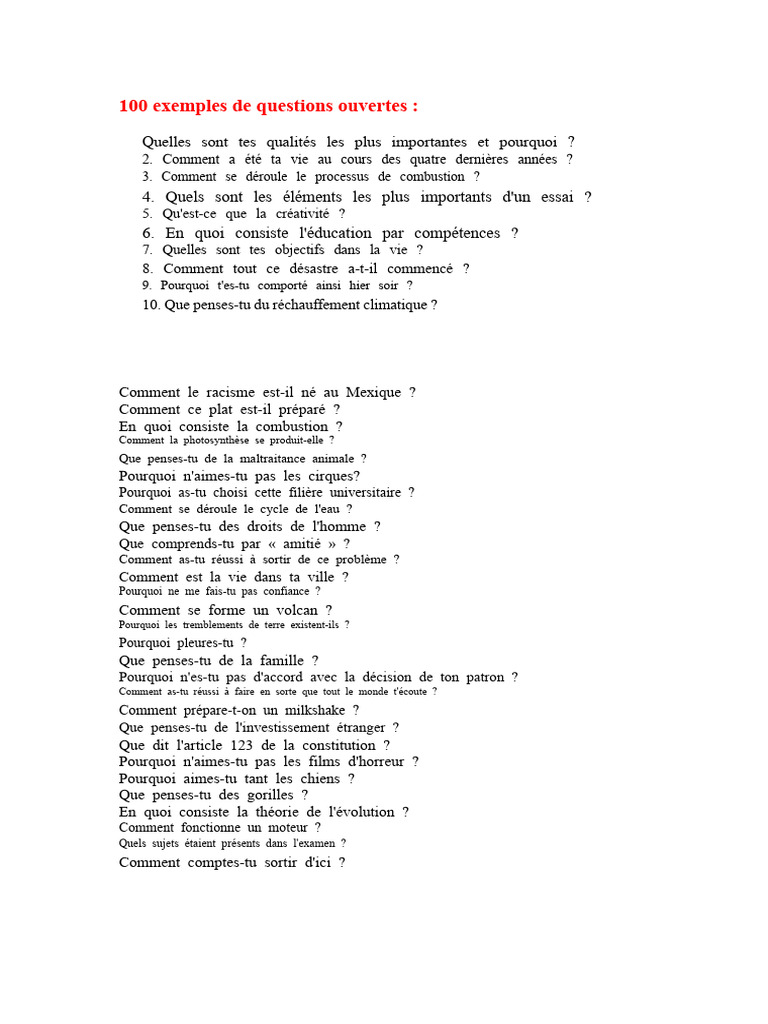 100 Exemples de Questions Ouvertes | PDF