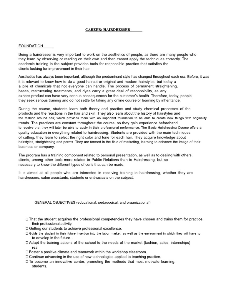Essential Hairdressing Course Overview | PDF | Hairstyle | Hairdresser