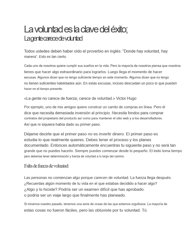 La Voluntad Es La Clave Del Éxito. | PDF