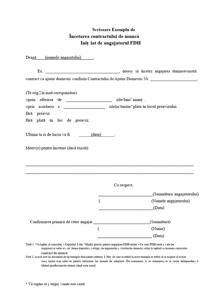 Scrisoare Model de Terminare A Contractului Initiată de FDH ER | PDF