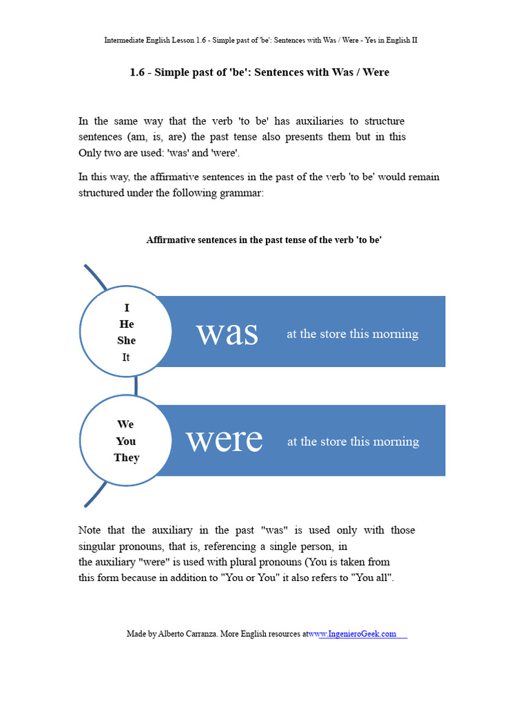 1.6 - Simple Past of Be Sentences With Was Were | PDF | Question | Verb