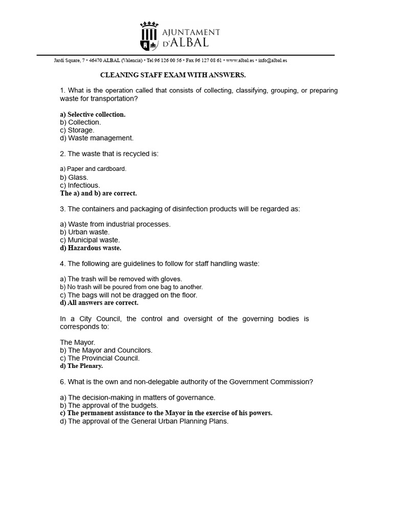 Cleaning Staff Exam Questions & Answers | PDF | Waste | Occupational ...