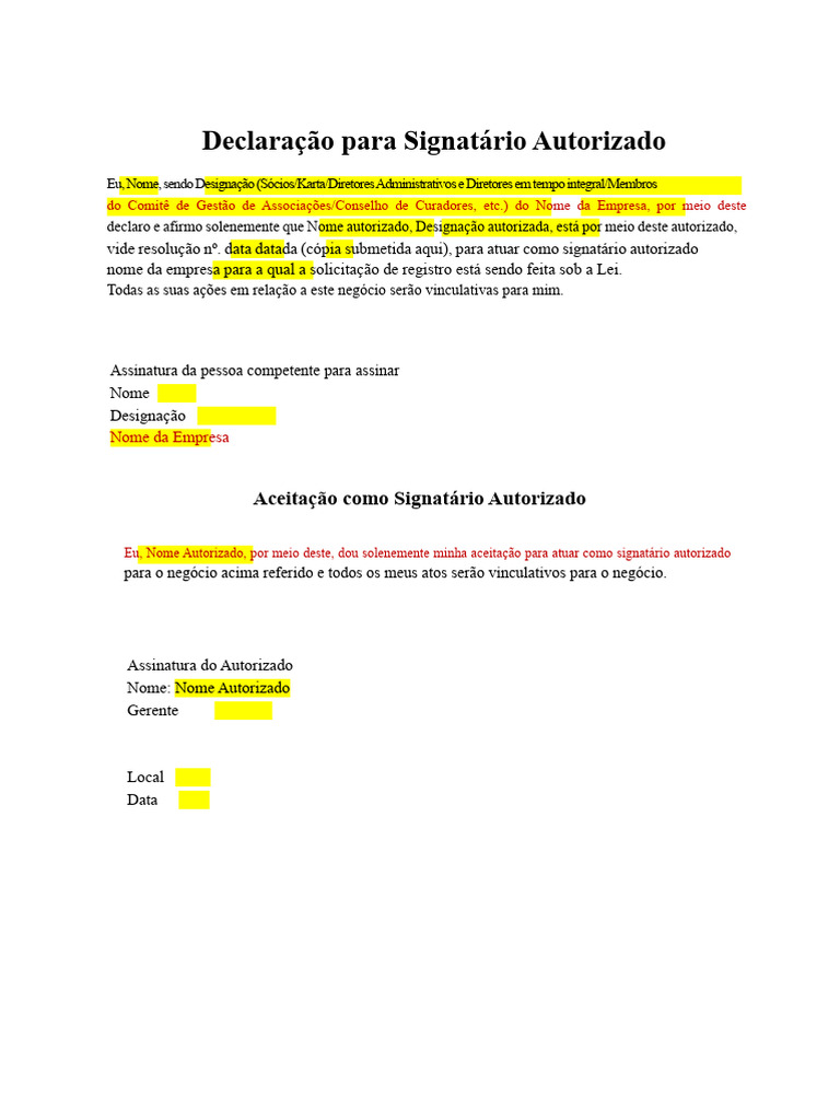 Declaração de Signatário Autorizado | PDF