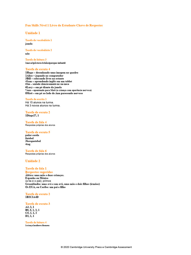 Chave de Respostas Do Livro Do Estudante Fun Skills 1 | PDF