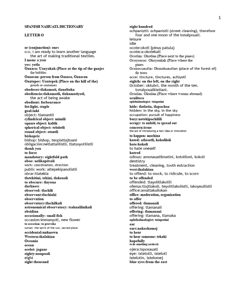 Spanish Nahuatl Dictionary - Letter o | PDF