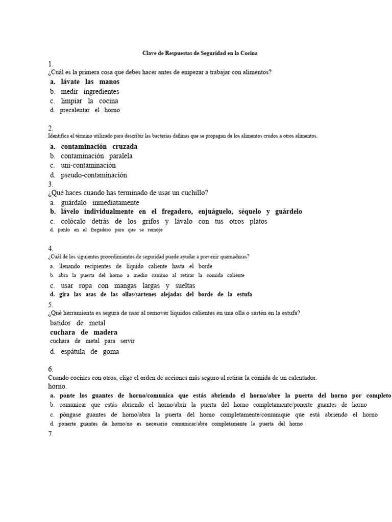 Clave de Respuestas de Seguridad en La Cocina | PDF | Cocina | Estufa ...