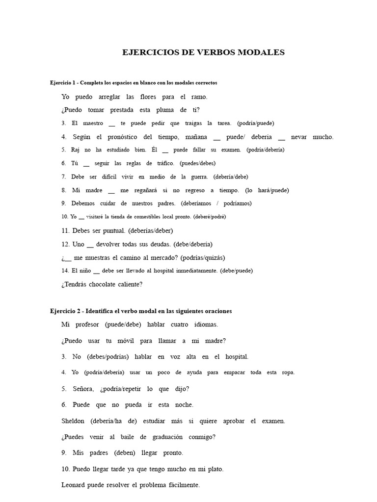 Ejercicios de Verbos Modales | PDF