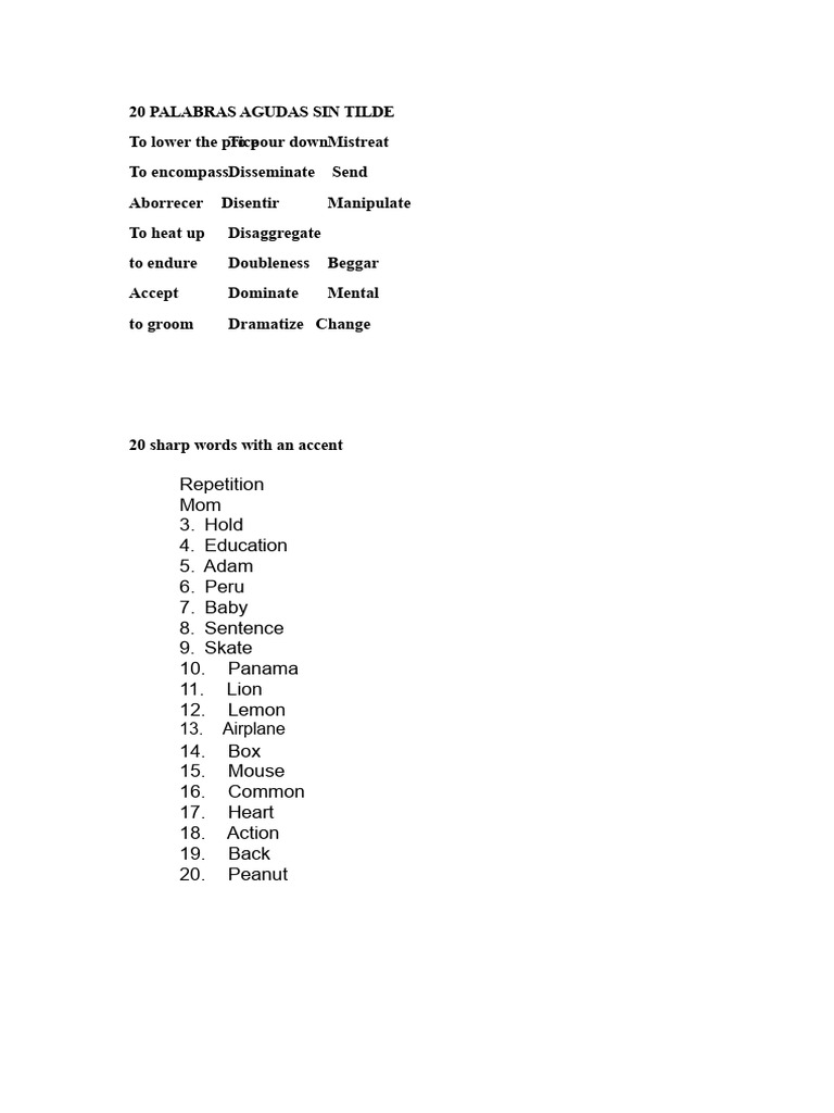 20 Sharp Words Without Accent | PDF | Grandparent | Linguistics