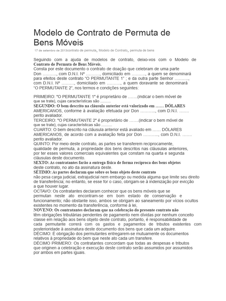 Modelo de Contrato de Permuta Móveis | PDF | Propriedade privada | Justiça