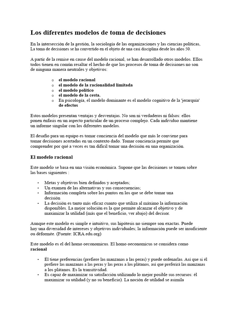 Los Diferentes Modelos de Toma de Decisiones | PDF | Toma de decisiones ...