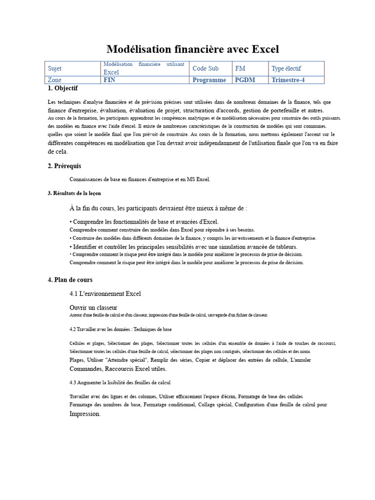 Modélisation financière avec Excel | PDF | Microsoft Excel | Feuille de ...