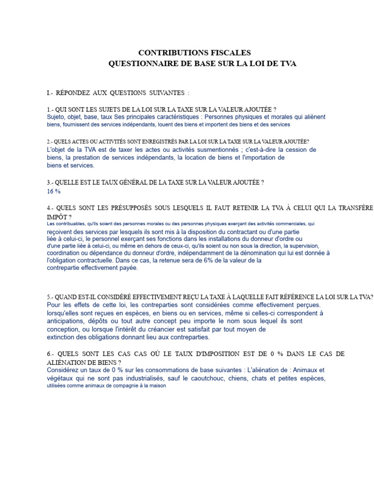 Questionnaire sur la Loi de TVA | PDF | Taxe sur la valeur ajoutée | Impôts