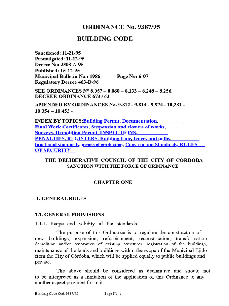 Córdoba Building Code Ordinance 9387/95 | PDF | Building Code ...