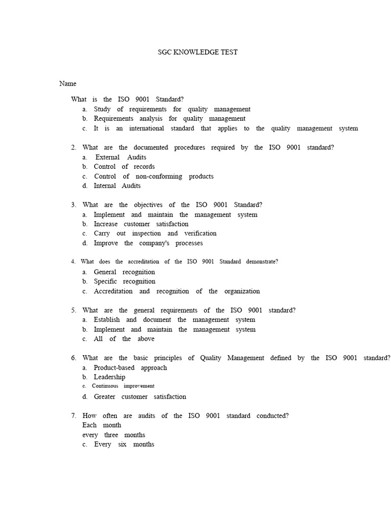 ISO 9001 Standard Knowledge Test | PDF