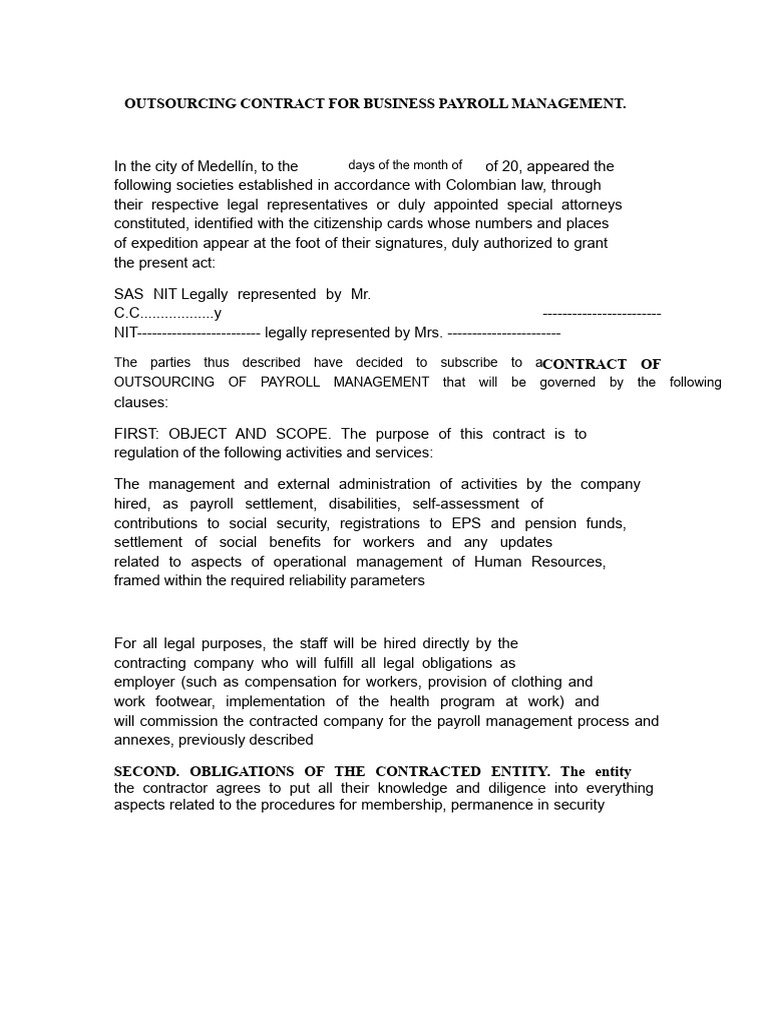 Payroll Management Outsourcing Contract | PDF | Employment | Social ...