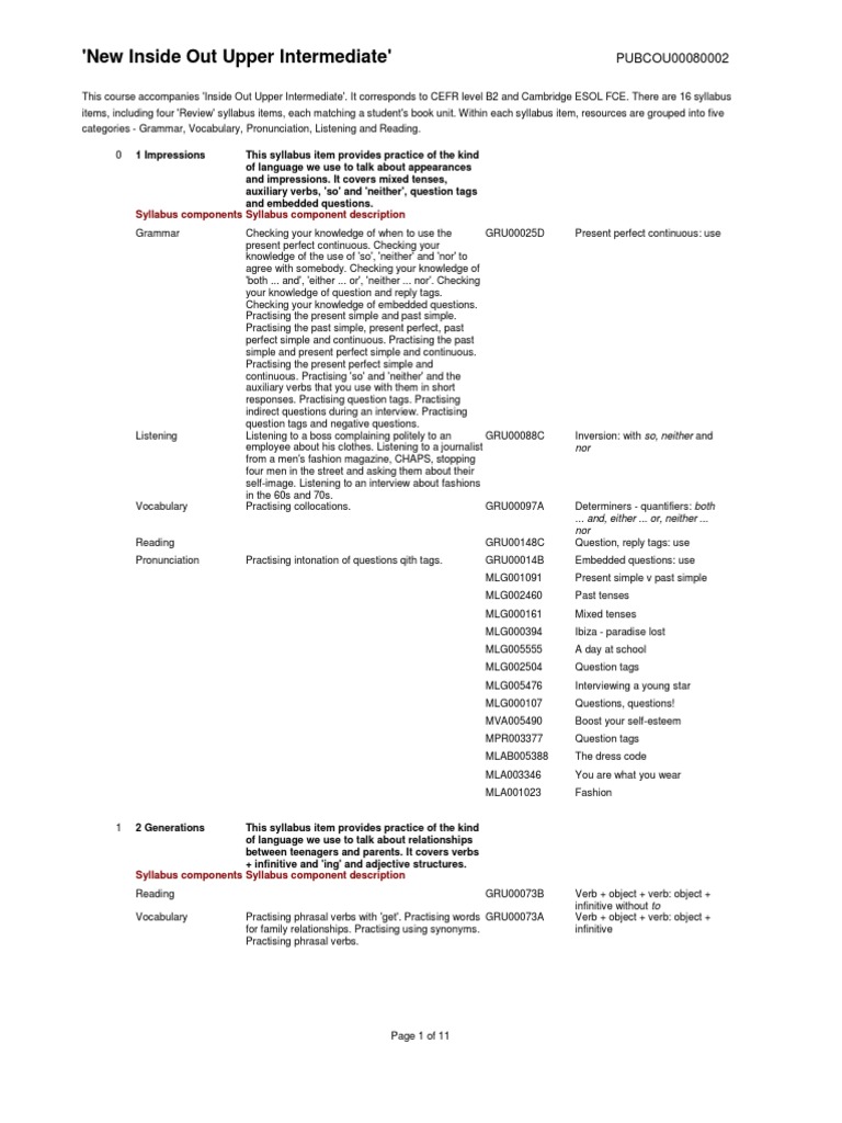Inside Out Upper Intermediate Overview | PDF | Verb | Clause