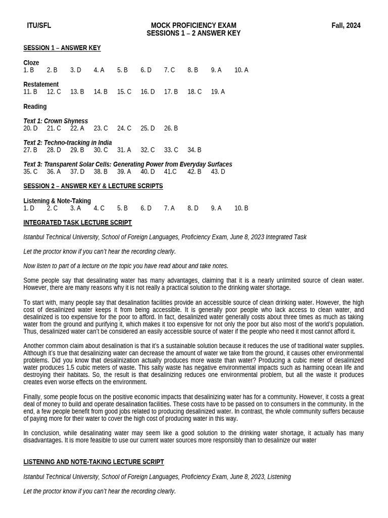 ITU/SFL Mock Proficiency Exam Key | PDF | Water | Heat Wave