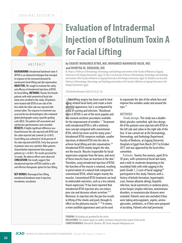 Intradermal BTXA for Facial Lifting Study | PDF | Botulinum Toxin ...