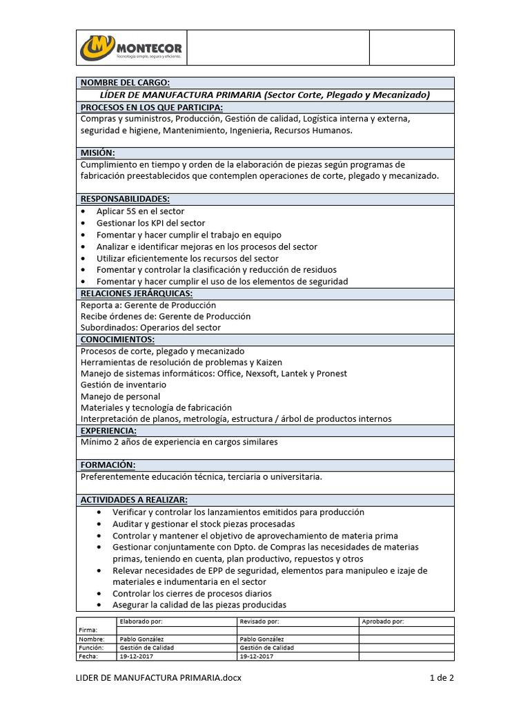 Descripción del Puesto: Líder de Manufactura | PDF | Mecanizado ...