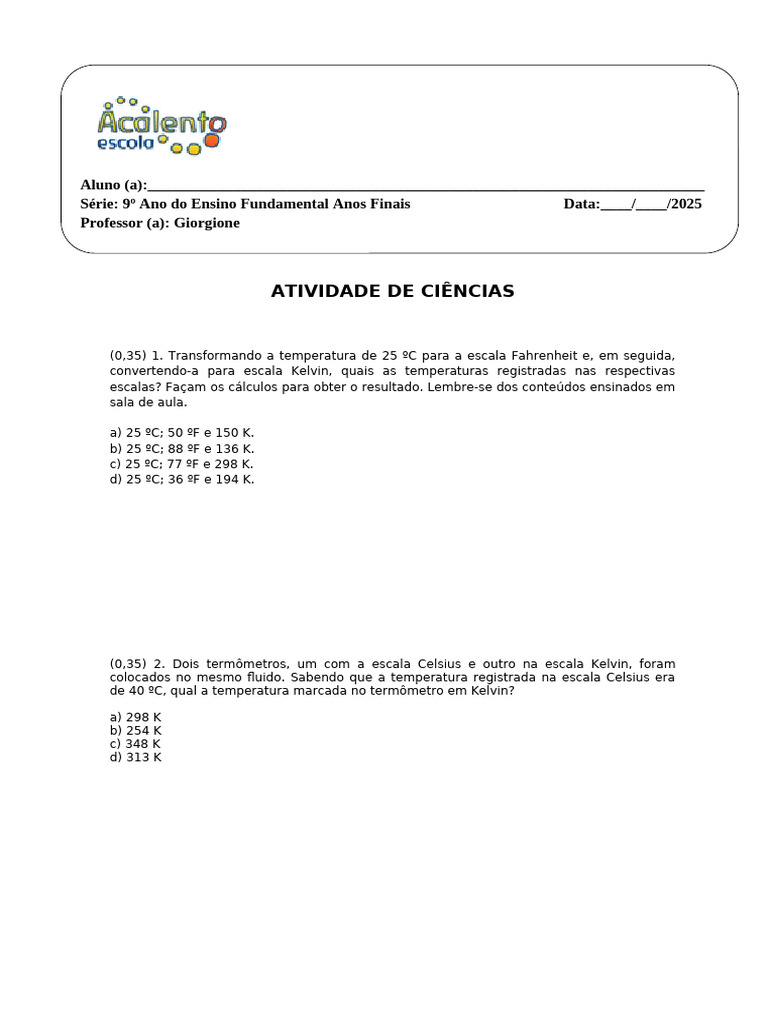 Atividade de Ciências: Temperatura e Calor | PDF | Calor | Temperatura