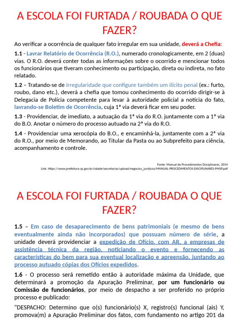 Procedimentos Após Furto na Escola | PDF