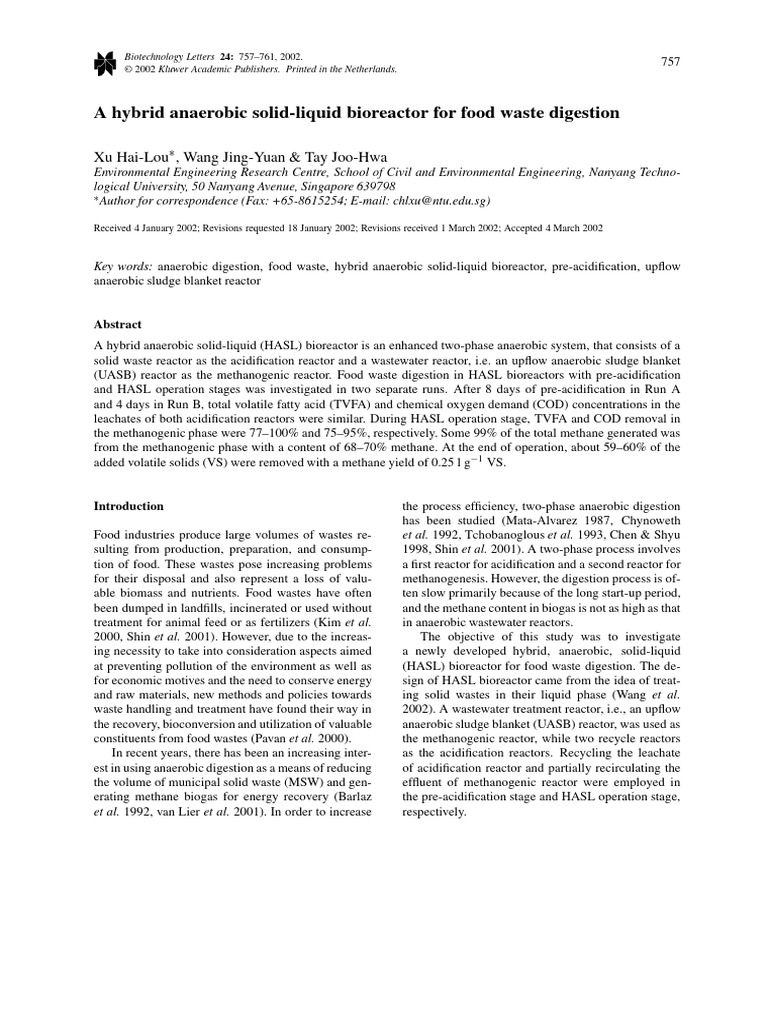 Hybrid Bioreactor for Food Waste Digestion | PDF | Anaerobic Digestion ...