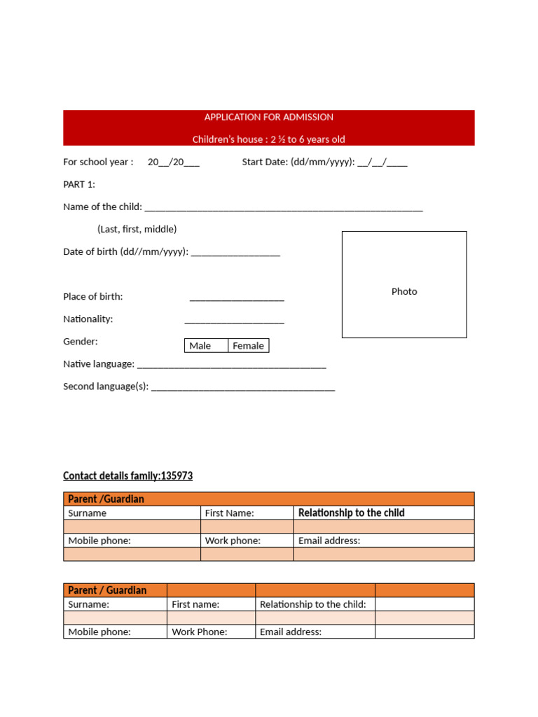 Children's House Admission Application | PDF