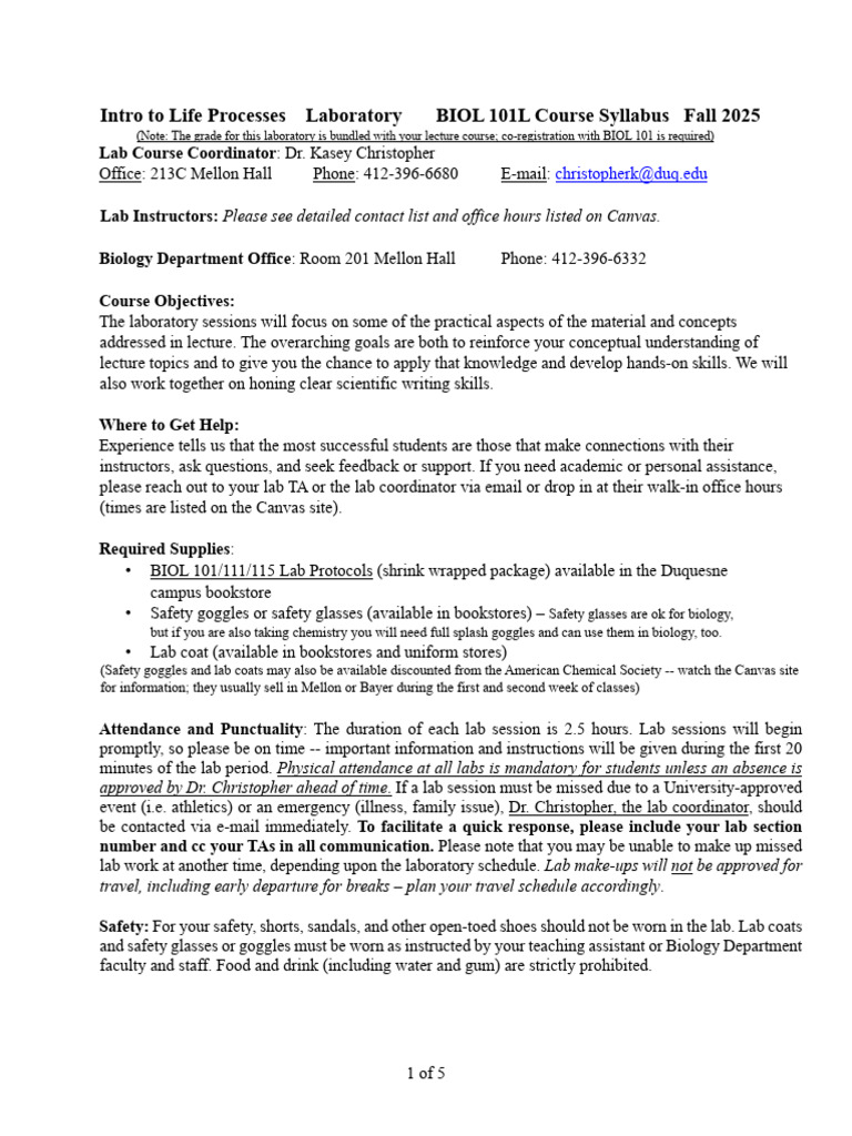BIOL 101L Lab Syllabus Fall 2025 | PDF | Turnitin | Plagiarism