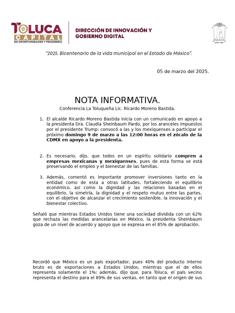 Ejemplo Nota Informativa La Toluqueña 05marzo2025 | PDF | Arancel | México