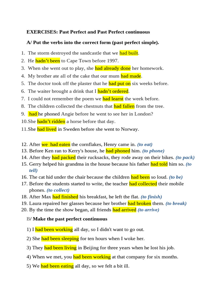 Past Perfect Tense Exercises | PDF