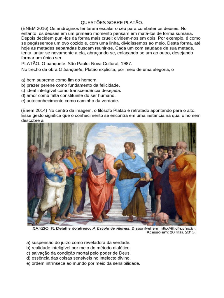Questões sobre Platão no ENEM e UEL | PDF | Platão | Ideia