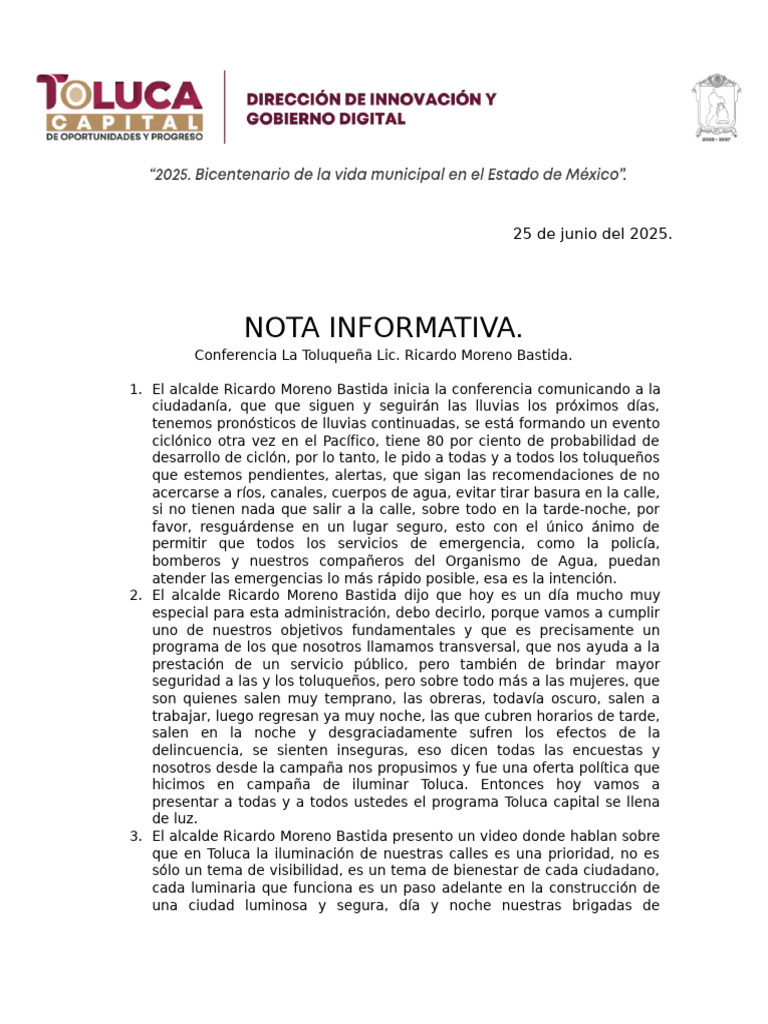 Nota Informativa La Toluqueña 25junio2025 | PDF | Encendiendo | Diodo ...