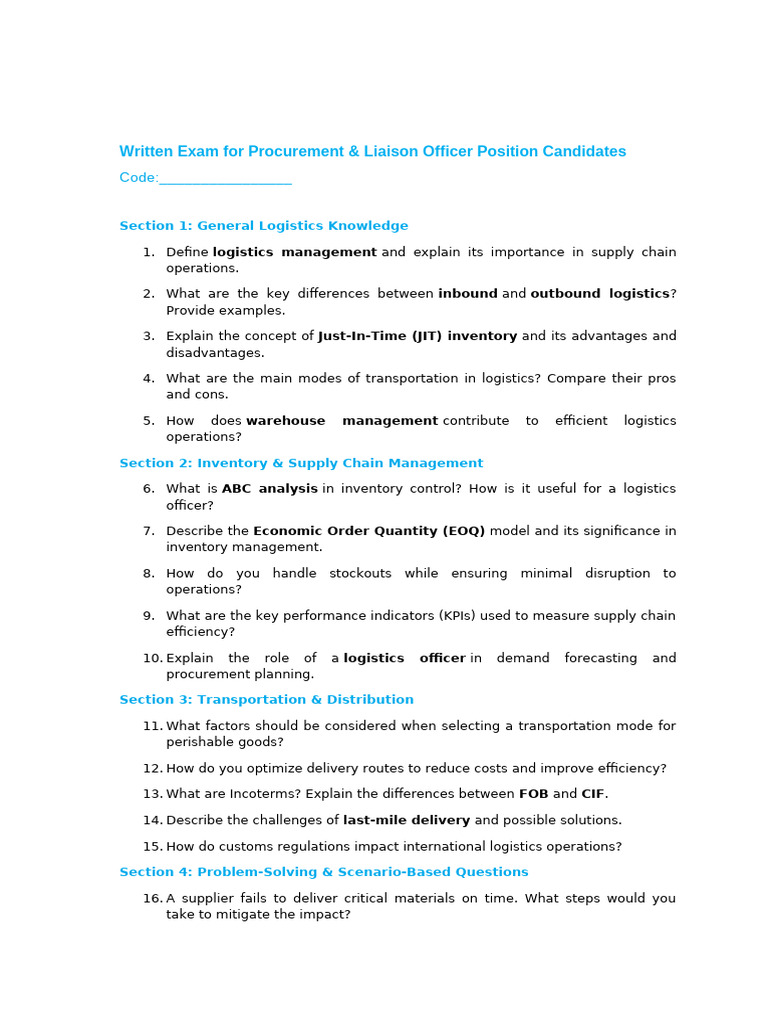 Logistics Exam for Officer Candidates | PDF | Logistics | Inventory