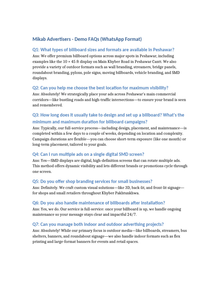 Mikab Advertisers: Billboard Options FAQ | PDF