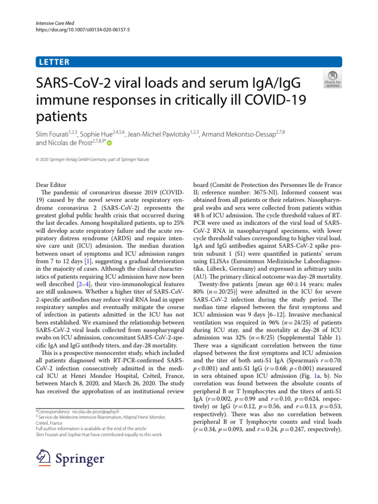 SARS-CoV-2 Load and Immune Response in ICU | PDF | Immunology | Virology