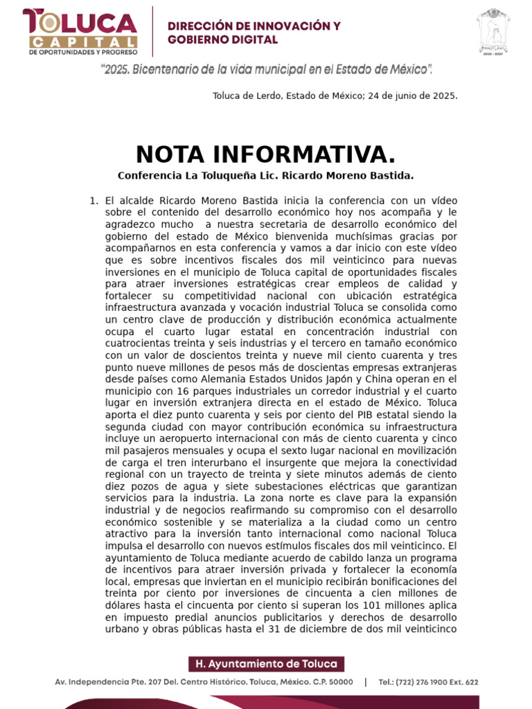 Nota Informativa La Toluqueña - Lic. Ricardo Moreno Bastida ...