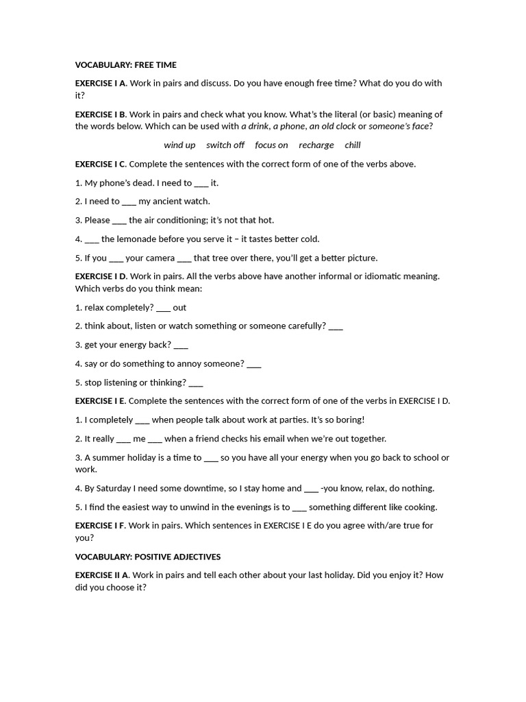 Free Time Vocabulary Exercises | PDF | Linguistic Typology | Syntax
