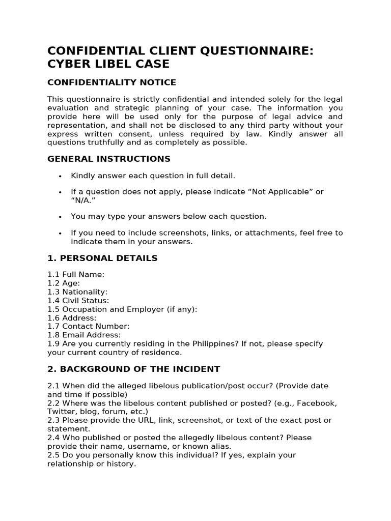 Confidential Client Questionnaire.cyber Libel | PDF | Defamation | Justice