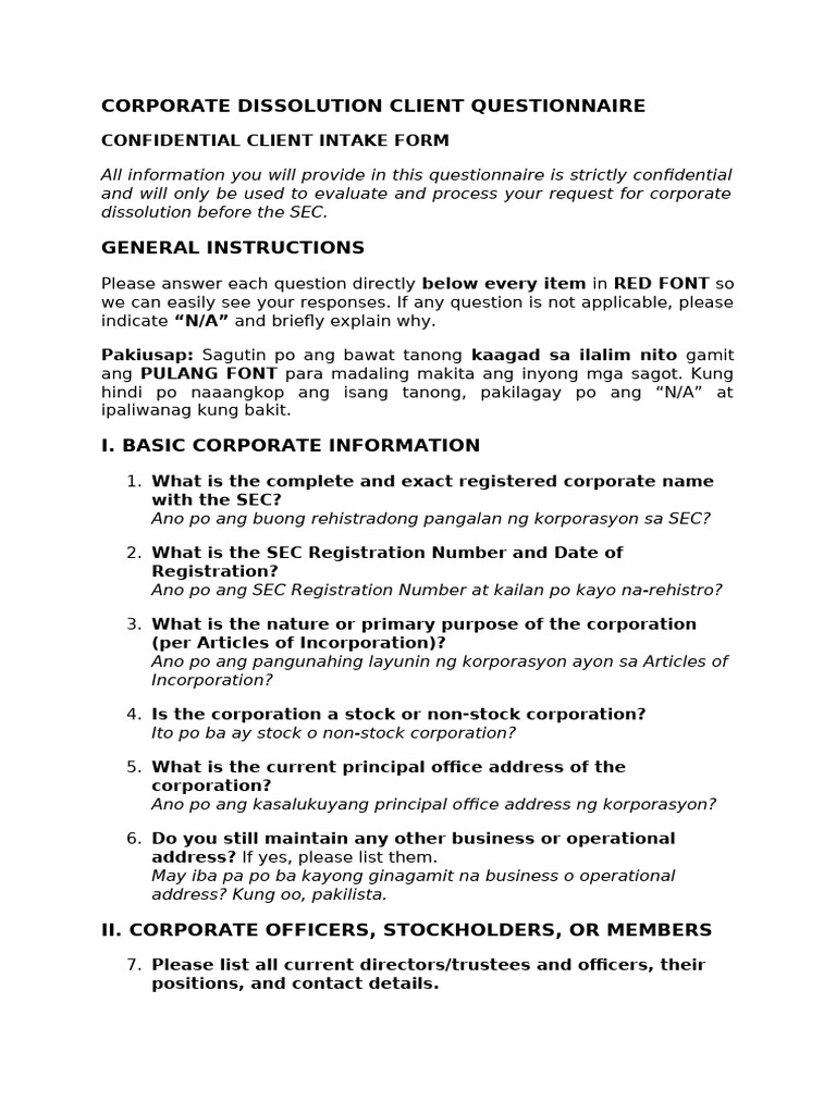 Corporate Dissolution Questionnaire Form | PDF | Corporations ...