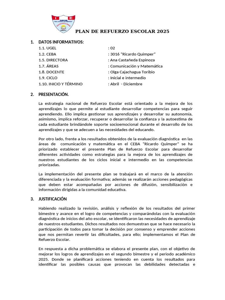 Plan de Refuerzo Escolar 2025 CEBA 3016 | PDF | Maestros | Aprendizaje
