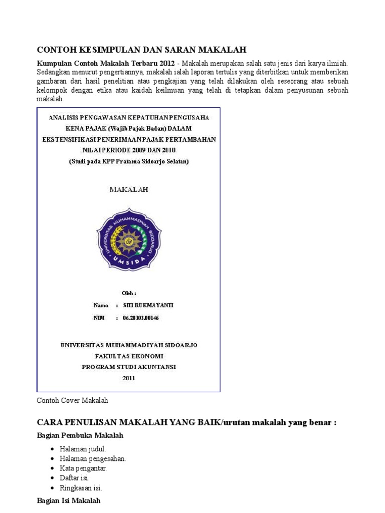 Contoh Kesimpulan Dan Saran Makalah