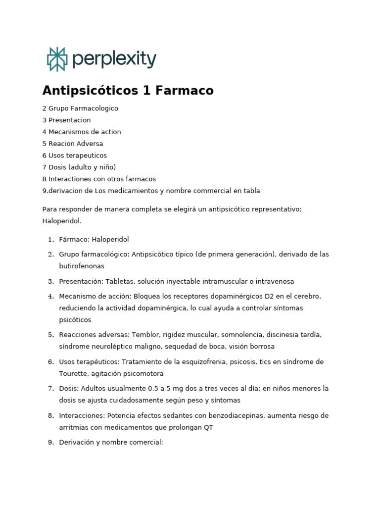 Antipsicóticos 1 Farmaco - 2 Grupo Farmacologico - 3 P | PDF ...