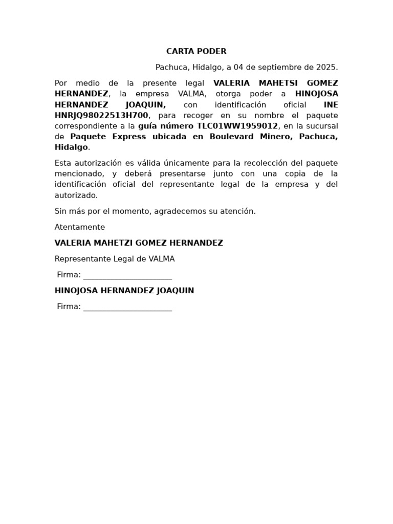 Carta Poder para Recolección de Paquete | PDF