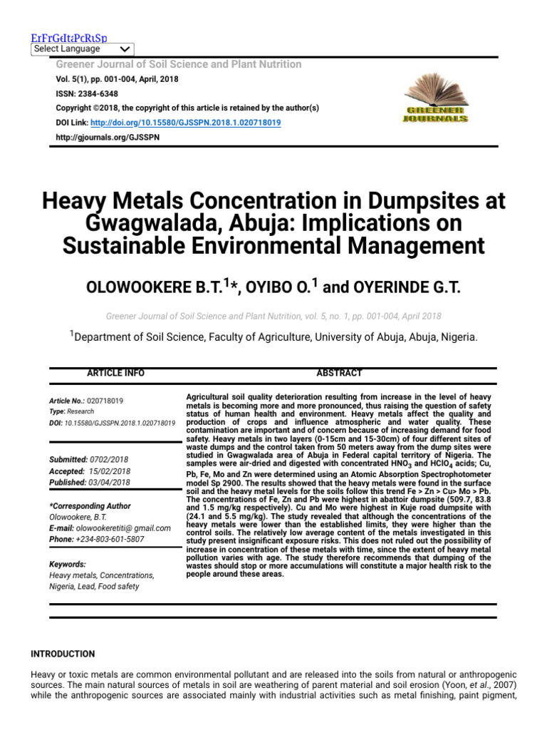 Heavy Metals in Gwagwalada Dumpsites | PDF | Waste | Soil