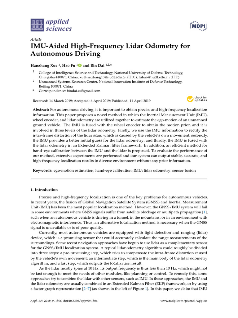 IMU-Aided High-Frequency Lidar Odometry For Autonomous Driving | PDF