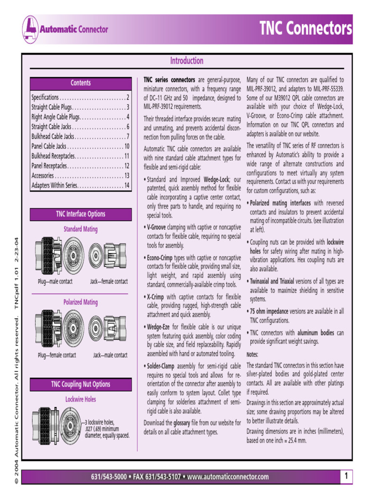 TNC Connectors Overview and Specs | PDF | Electrical Connector ...