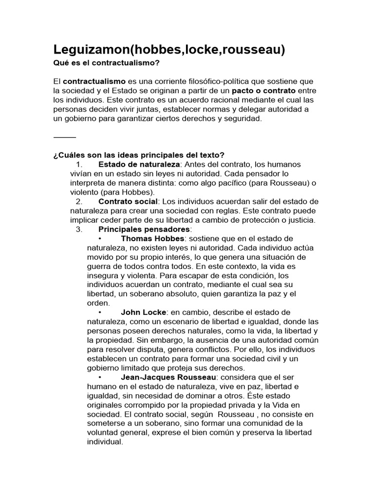 Hobbes, Locke y Rousseau Resumen | PDF | Contrato social | Libertad