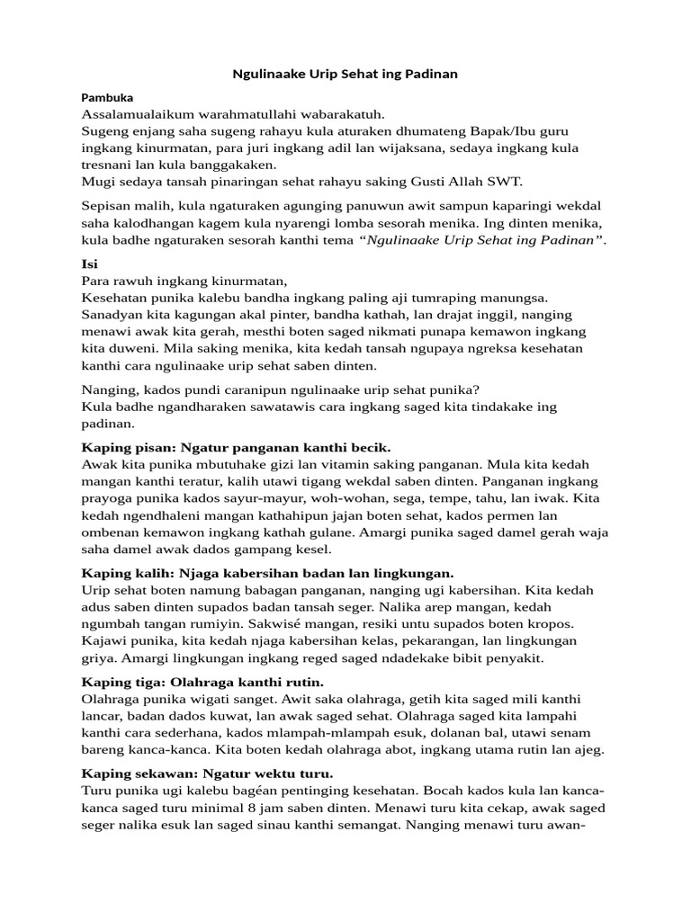 Sesorah Ngulinaake Urip Sehat Ing Padinan | PDF